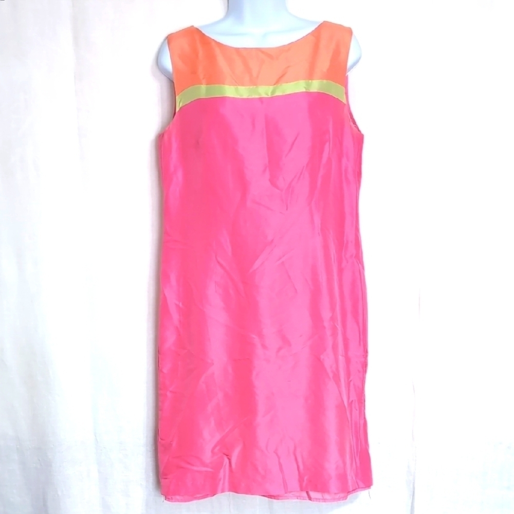 80s Vintage Victoria Holley Silk Shift Dress Pink Orange Green Size 8